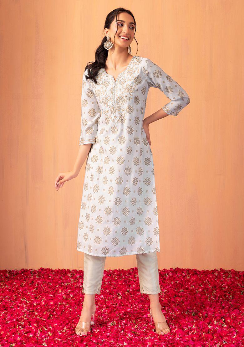 ivory foil print sequin embroidered kurta