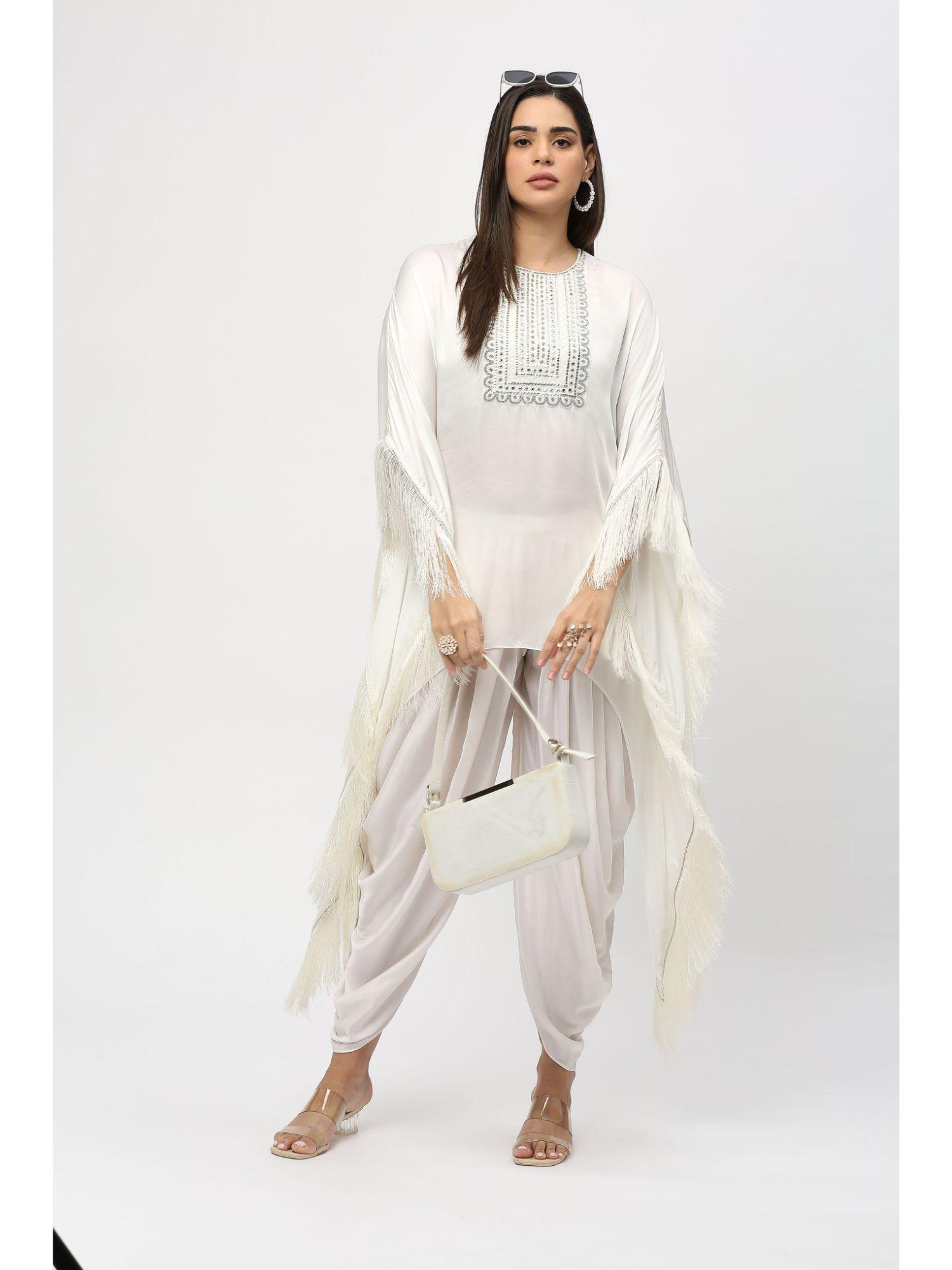 ivory fringe modal kaftan with dhoti pants (set of 2)