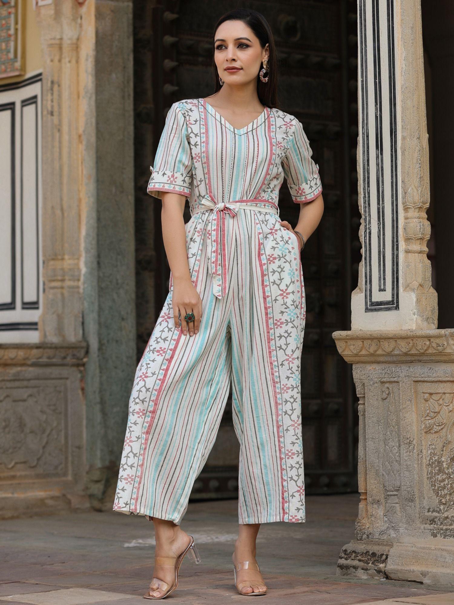 ivory geometric printed cotton flex jumpsuit with beads & thread work