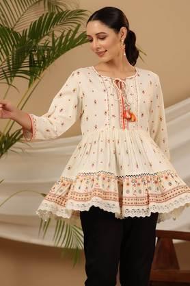 ivory geometric printed rayon tunic with beads & sequins - ivory