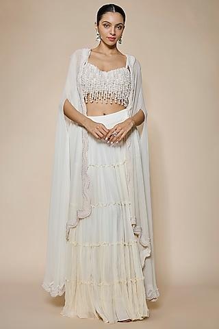 ivory georgette & raw silk pearl embroidered cape set