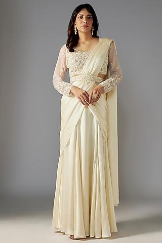 ivory georgette draped saree set