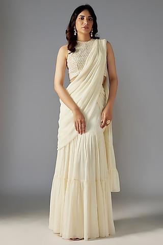 ivory georgette draped saree set