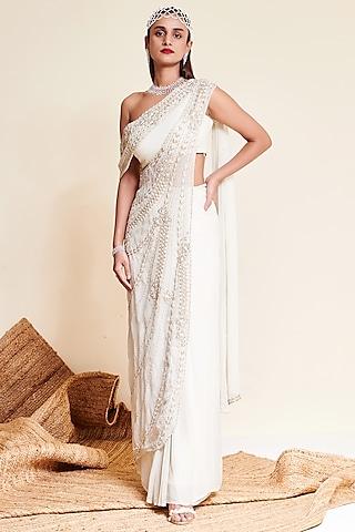 ivory georgette embellished pre-stitched saree