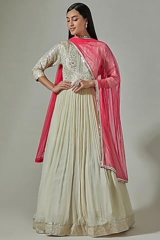 ivory georgette embroidered anarkali set