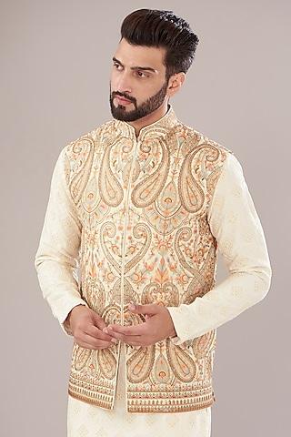 ivory georgette embroidered nehru jacket