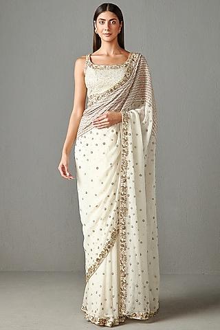 ivory georgette embroidered saree