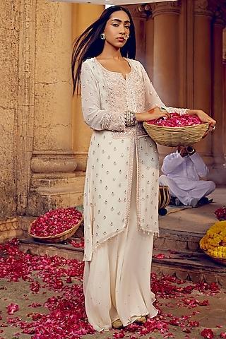 ivory georgette floral embroidered front-open tunic set