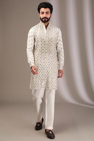 ivory georgette mirror & sequins embroidered kurta set