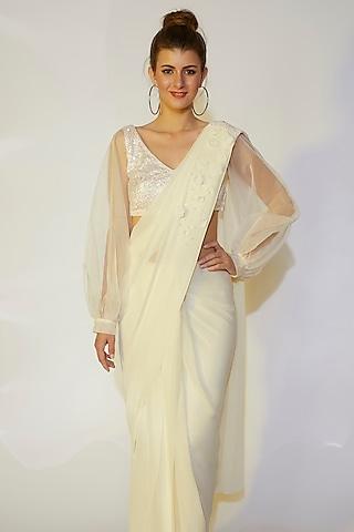 ivory georgette pre-stitched wrap skirt saree set