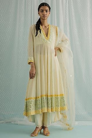 ivory georgette printed & embroidered anarkali set