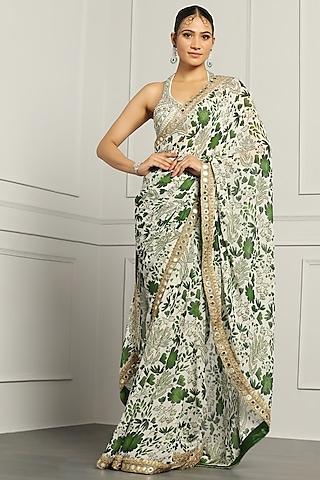 ivory georgette printed saree set