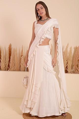 ivory georgette ruffled draped saree set