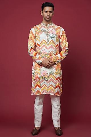 ivory glaze cotton silk printed & embroidered kurta set