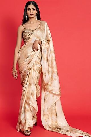 ivory-gold georgette mug-dye printed saree set