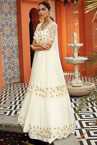 ivory gold hand embroidered anarkali with cape