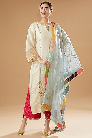 ivory golden tissue silk embroidered kurta set