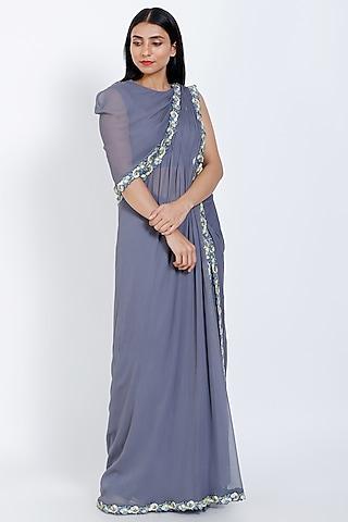 ivory grey georgette draped concept saree set