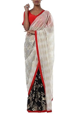 ivory half and half printed saree with red blouse piece