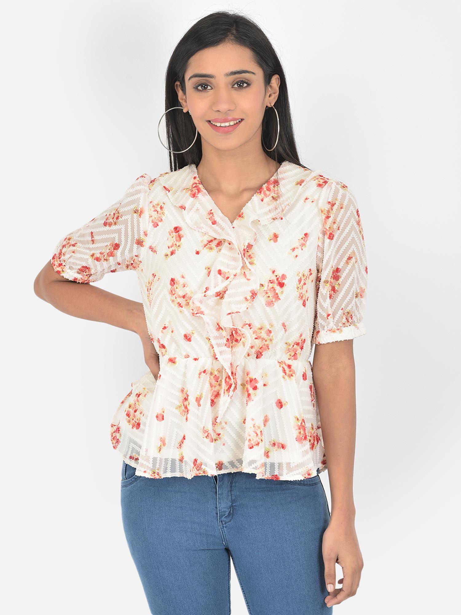 ivory half sleeve swiss dot printed blouse