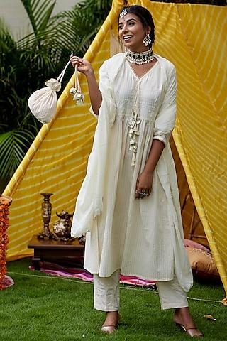 ivory hand embroidered anarkali set with potli