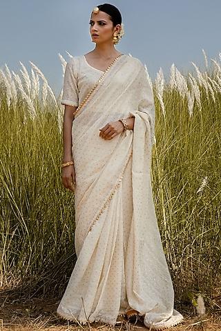 ivory handcrafted cotton foil work saree set