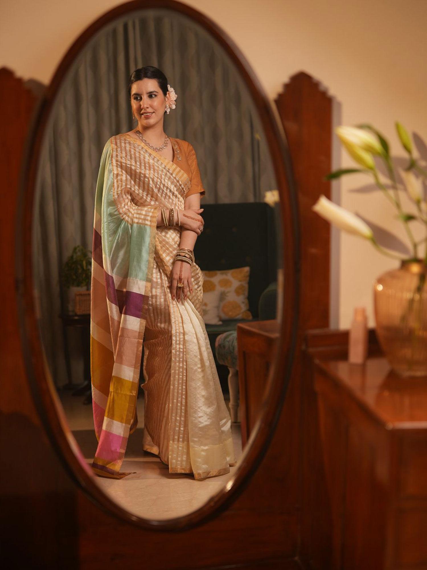 ivory handloom silk saree with colourful stripes without blouse