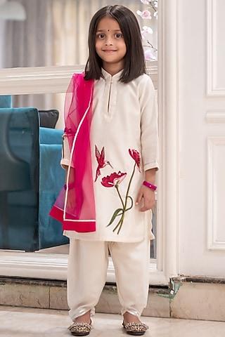ivory handwoven chanderi floral machine embroidered kurta set for girls