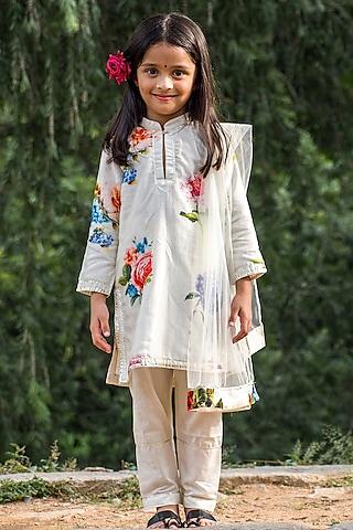 ivory handwoven chanderi floral printed kurta set for girls