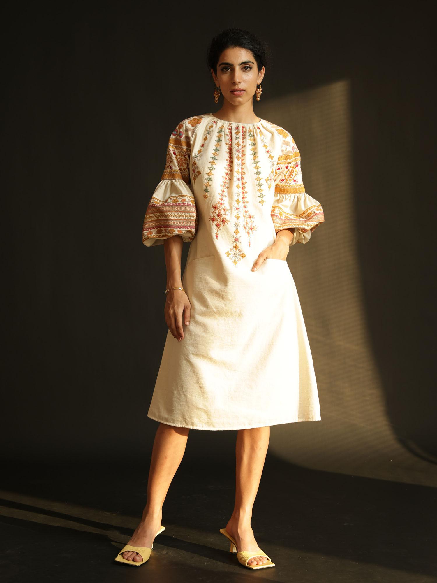 ivory kala cotton embroidered dress with balloon sleeve