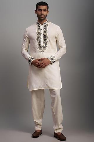 ivory kora cotton hand embroidered kurta set