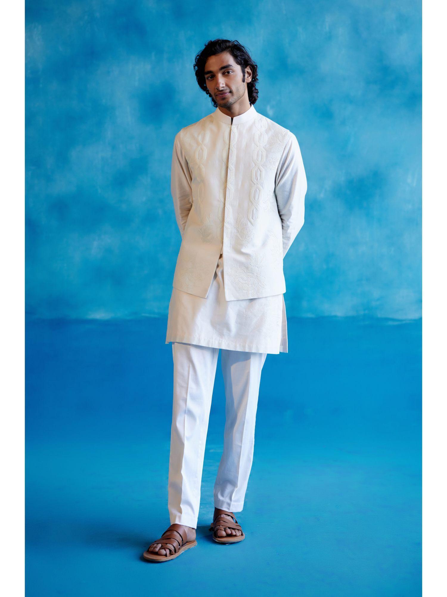 ivory kurta with pant and bundi jacket (set of 3)