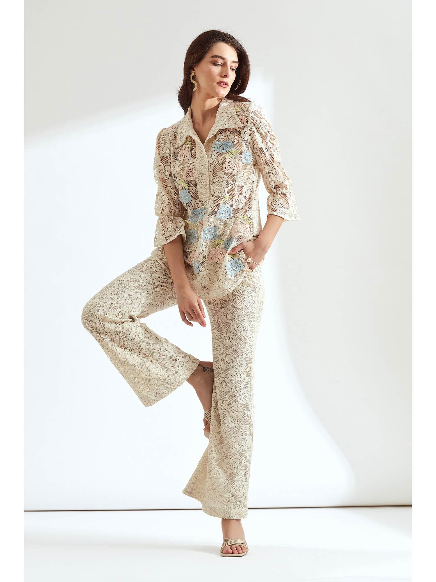 ivory lace embroidered shirt with fit and flared pants (set of 2)