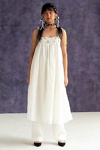 ivory linen bullion knot embroidered strappy dress