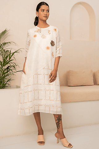 ivory linen embroidered checkered dress