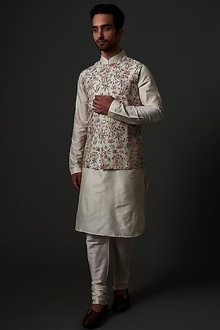 ivory linen embroidered nehru jacket