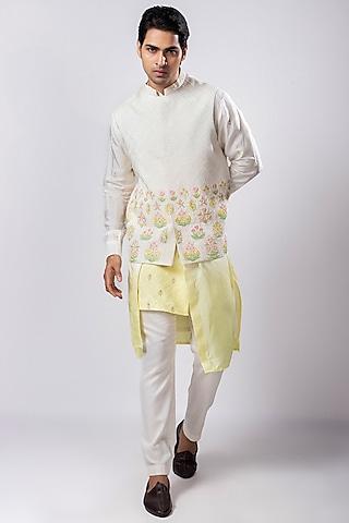 ivory linen satin floral embroidered nehru jacket