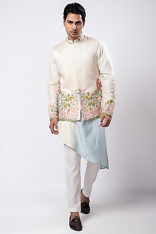 ivory linen satin thread embroidered nehru jacket