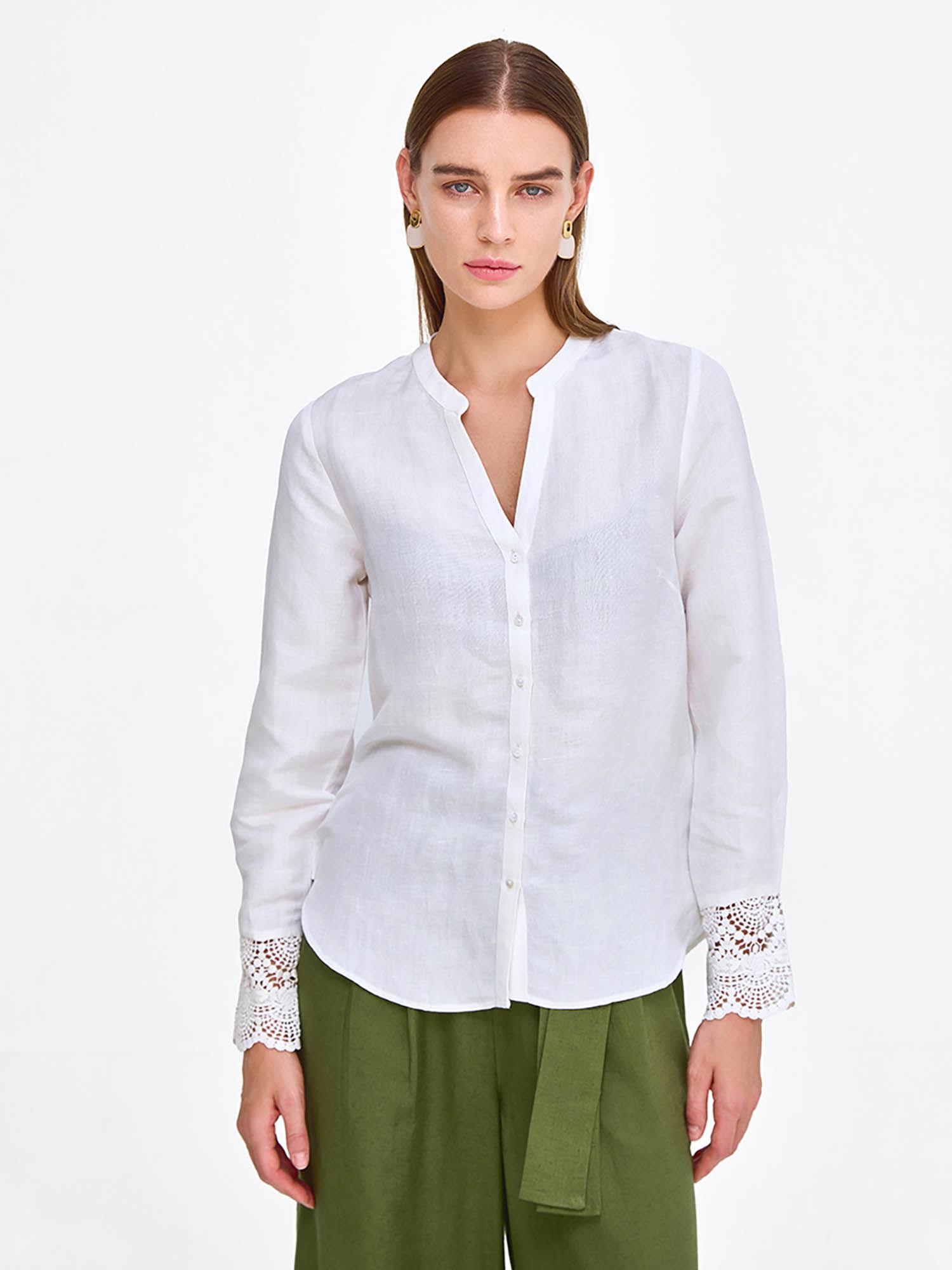 ivory linen solid lace cuff shirt