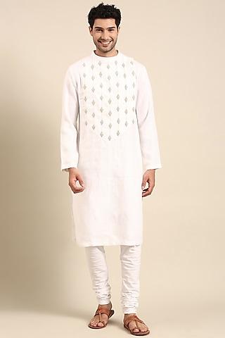 ivory linen zari embroidered kurta set