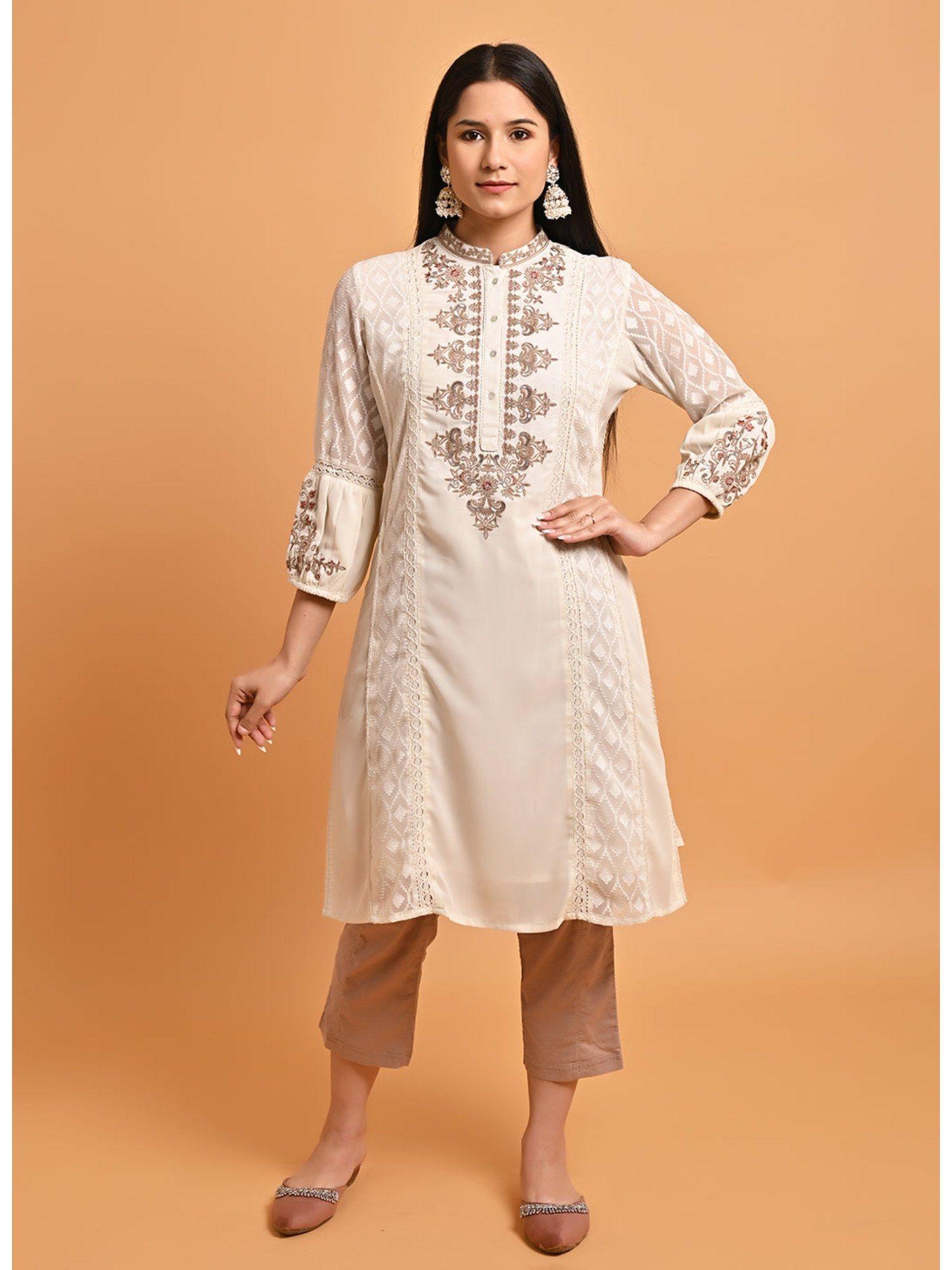 ivory long kurta with embroidery and three fourth sleeves