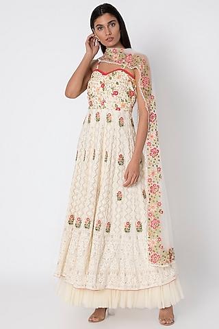 ivory lucknowi anarkali gown with dupatta