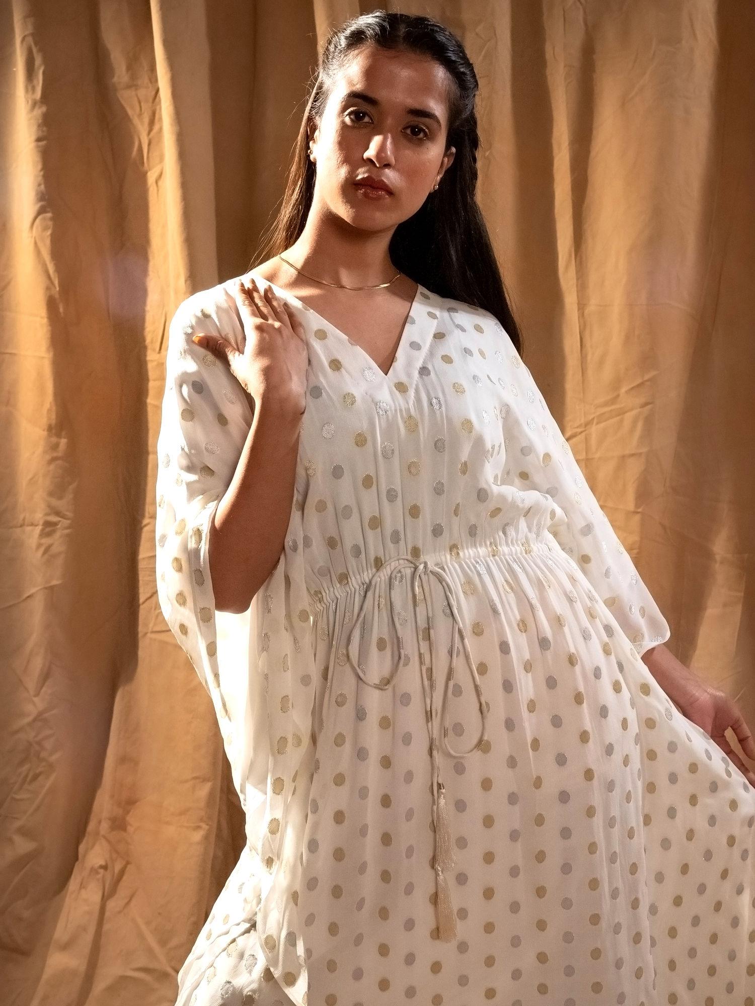 ivory lurex with polka dot motifs flared sleeves kaftan dress