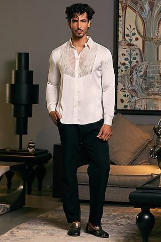 ivory lycra satin embroidered shirt