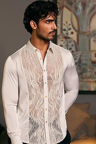 ivory lycra satin embroidered shirt