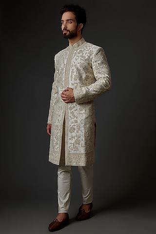 ivory machine & hand embroidered sherwani