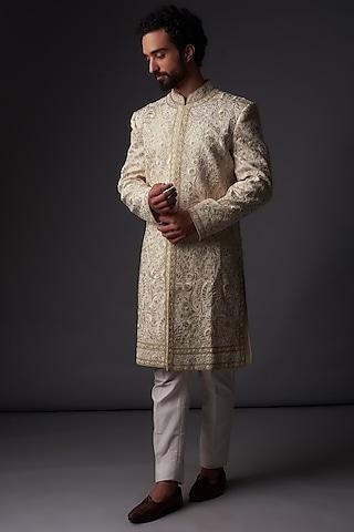 ivory matka silk gold zari embroidered sherwani