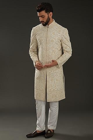 ivory matka silk gold zari embroidered sherwani