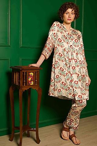 ivory modal satin printed tunic set