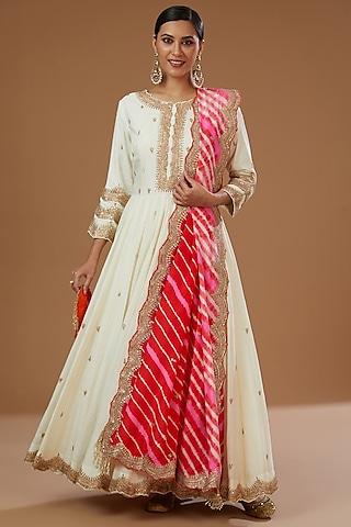 ivory moonga silk gota embroidered anarkali set